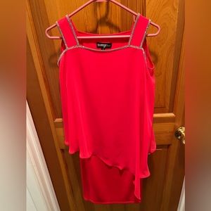 NWT Glamour nights hot pink/coral rhinestone trimmed cape dress, size 8, fancy.